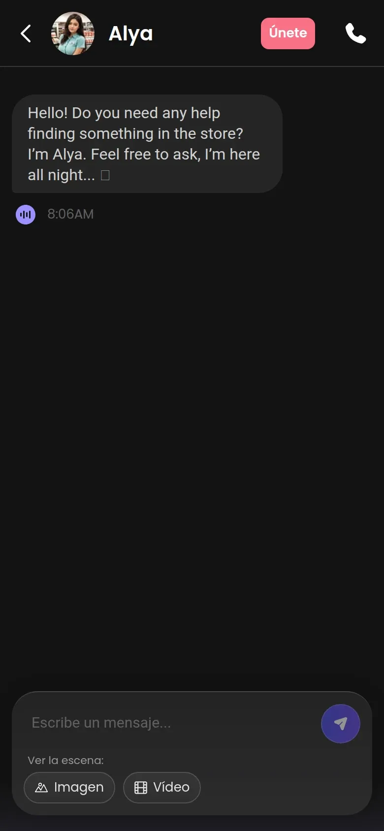 Captura del chat de Candy AI en el móvil: mensaje de bienvenida de un personaje, campo «Escribe un mensaje…» y botones Imagen y Vídeo