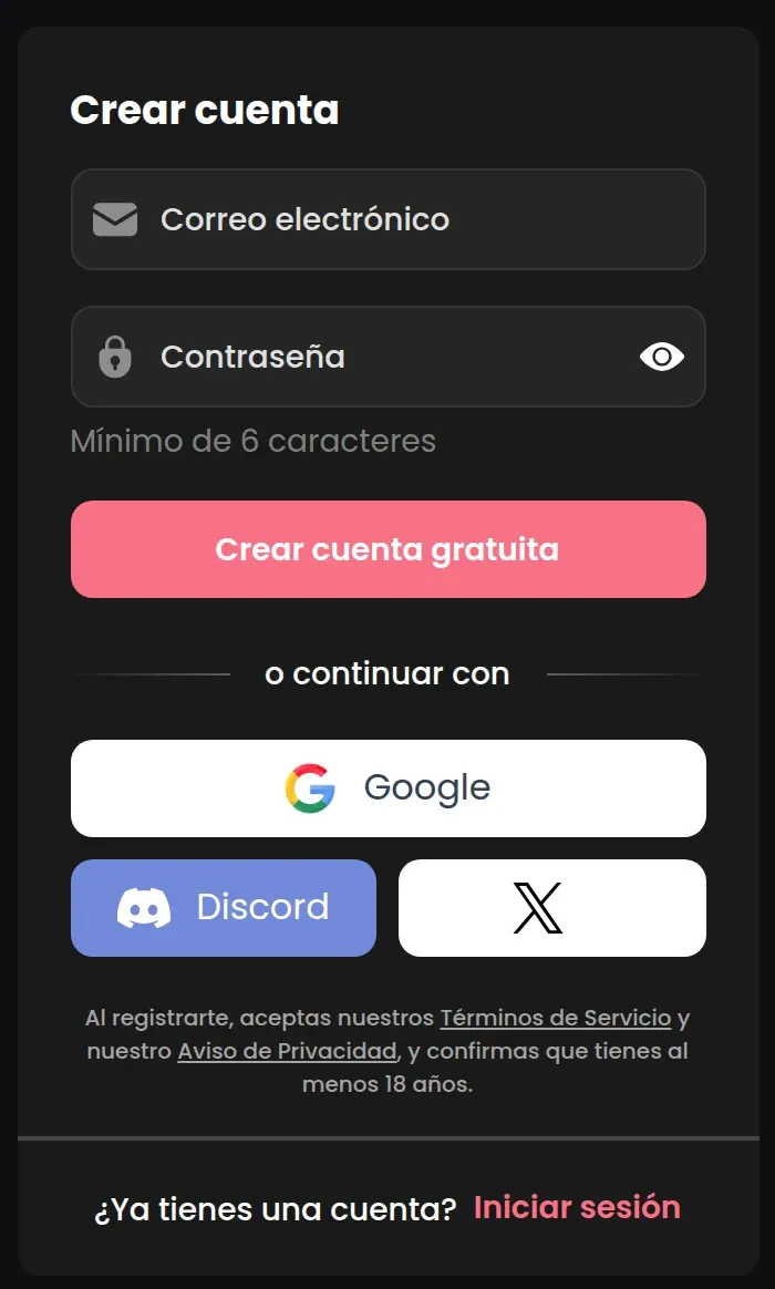 Captura de la pantalla «Crear cuenta» de Candy AI: correo electrónico, contraseña y botones de Google, Discord y X