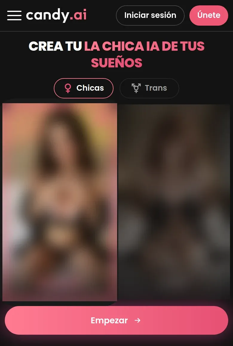 Captura de «Crear personaje» en Candy AI: pestañas Chicas y Trans, estilos Realista y Anime y botón Empezar; las imágenes de ejemplo están difuminadas