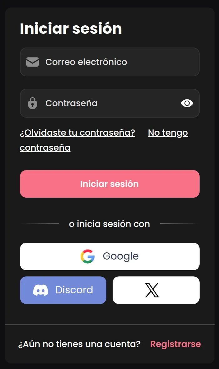 Captura de la pantalla «Iniciar sesión» de Candy AI con correo, contraseña y botones de Google, Discord y X