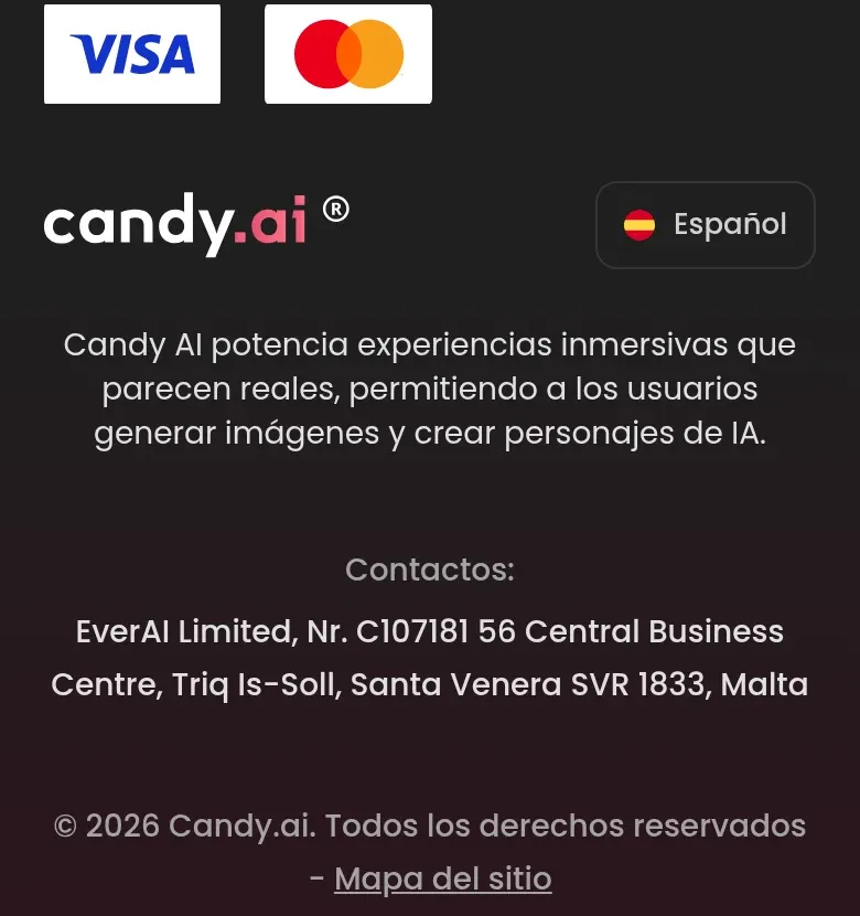 Captura del pie de página de candy.ai en el móvil con el selector de idioma «Español» y los datos de EverAI Limited en Malta
