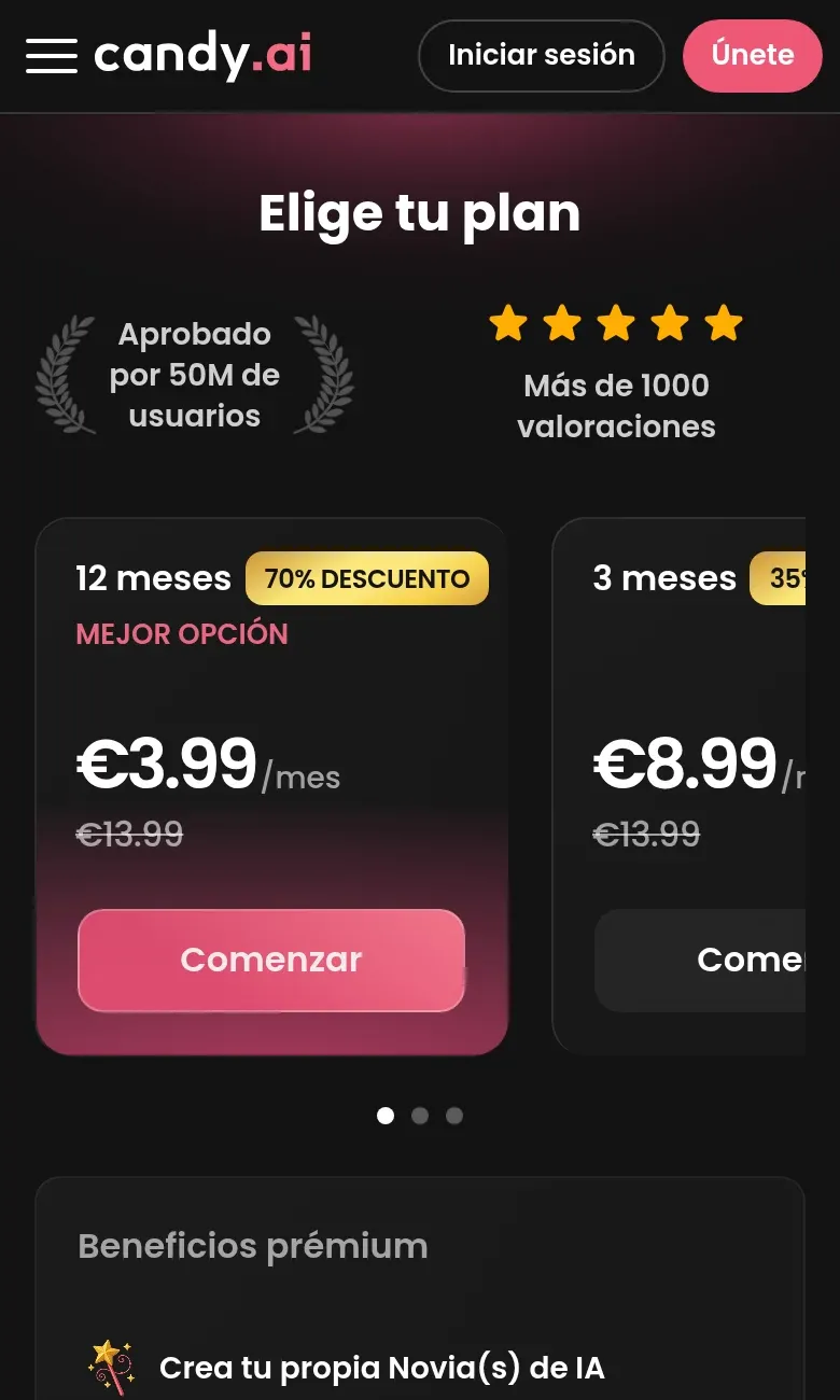 Captura de la página de planes de Candy AI en el móvil con los precios en euros de los planes de 12 y 3 meses